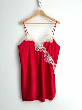 Vintage 80s UndercoverWear Red Satin Lace Slip Dress Coquette L